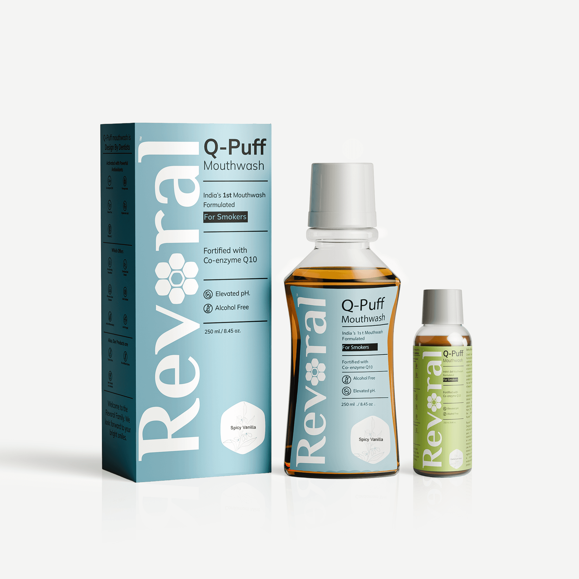Q-Puff Mouthwash | Spicy Vanilla 250ml + Cardamom Mint 50ml